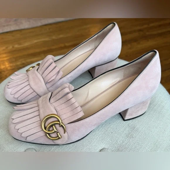 Gucci GG Kiltie Fringe Mid Heel Crystal Pink Suede w/ Gold Pump Women's 38.5 - Picture 6 of 16